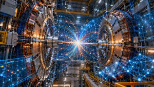 CERN Mistral AI partnership illustrated through particle physics detector and artificial intelligence data visualization