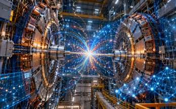 CERN Mistral AI partnership illustrated through particle physics detector and artificial intelligence data visualization