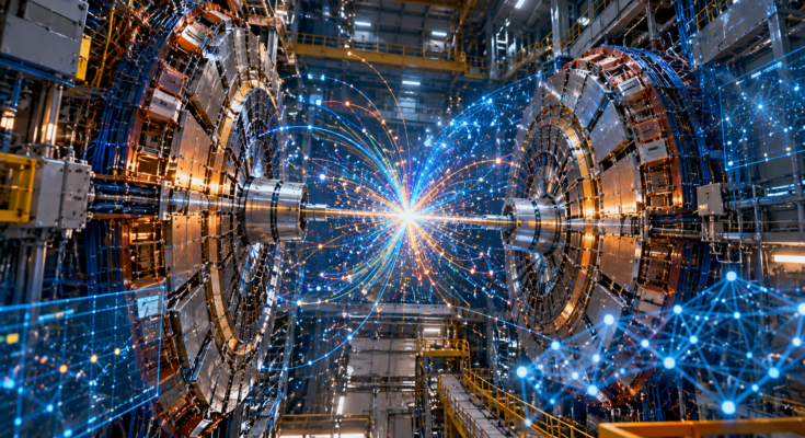 CERN Mistral AI partnership illustrated through particle physics detector and artificial intelligence data visualization
